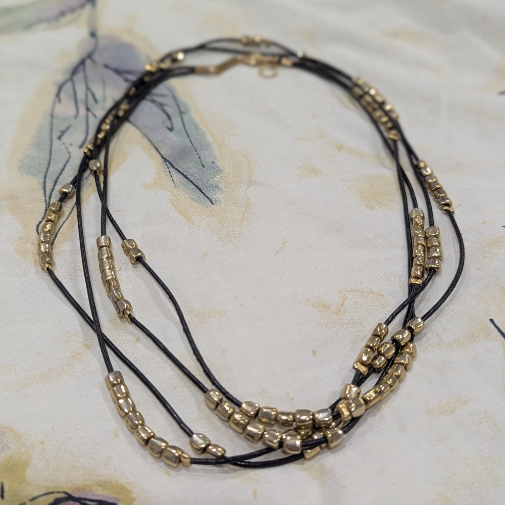 Hand Crafted Black and Gold Beaded Necklace Signed By Artist. Worn4/ 2 Strand!